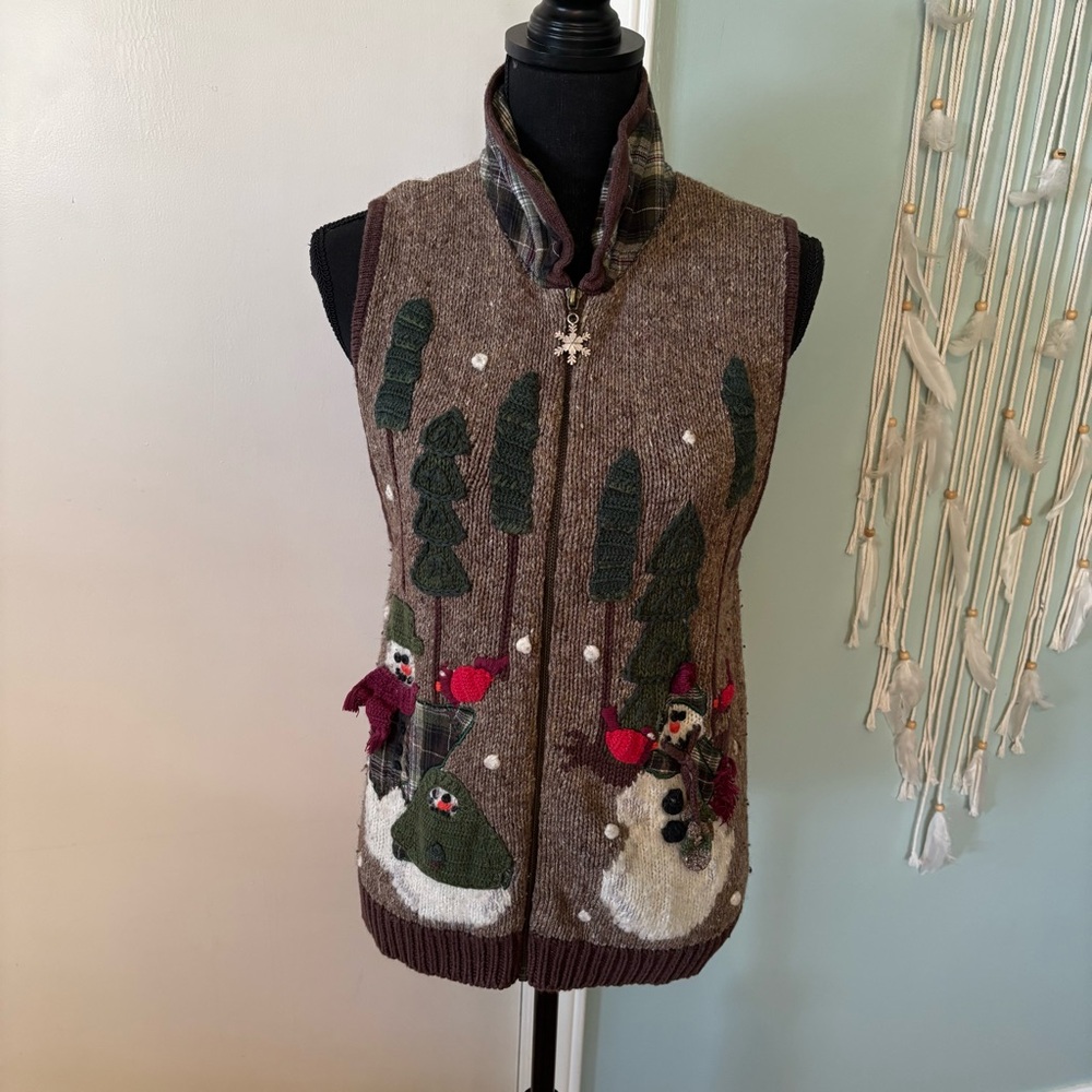 Vintage Brown Snowman and Tree Zip up Vest